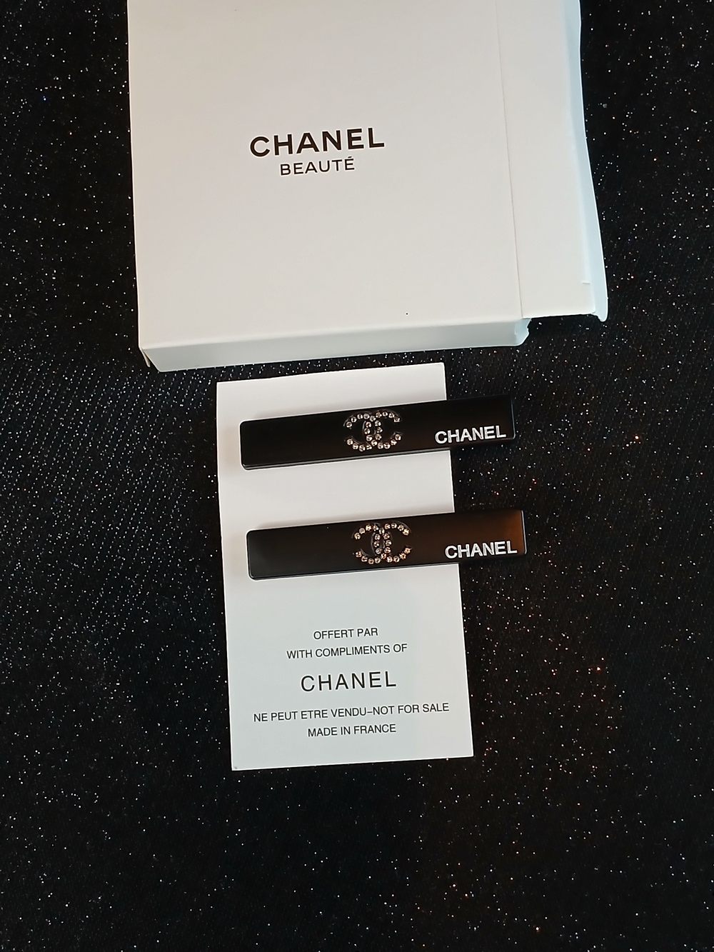 CHANEL Black Crystal Logo Hair Clips - Set of 2